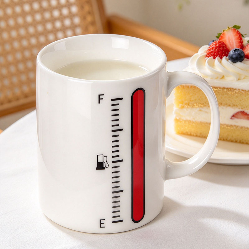 White thermometer mug with hot milk showing red temperature - Form Feast