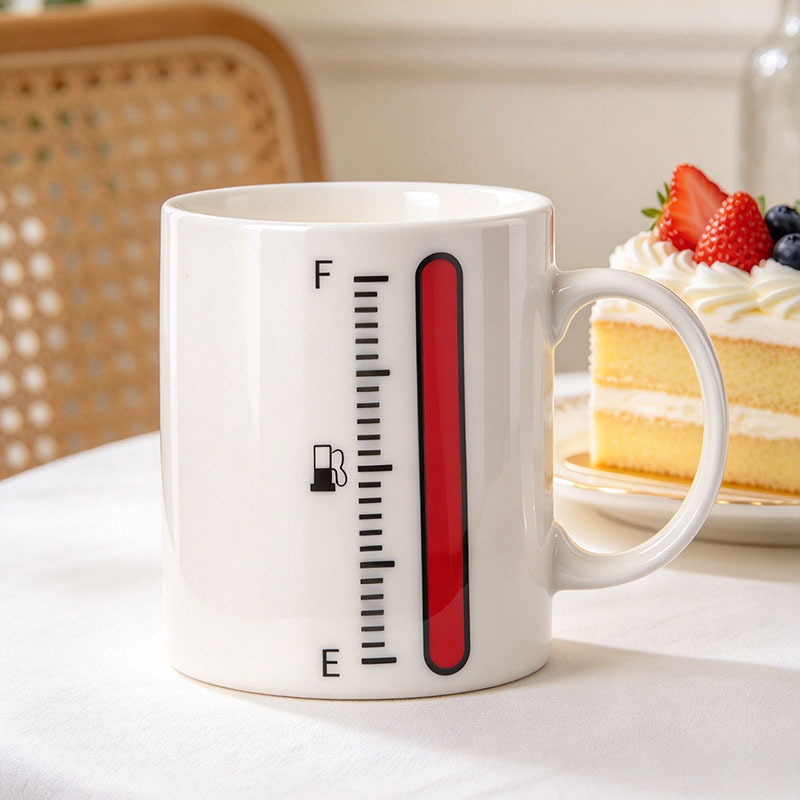 White thermometer mug showing red gauge on table - Form Feast