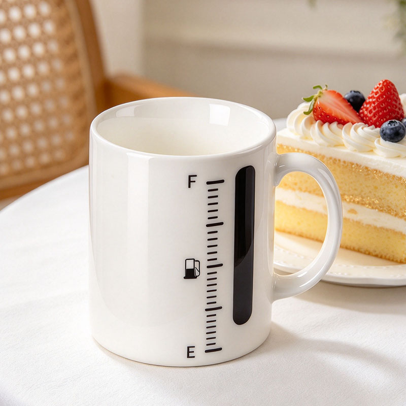White thermometer mug cold state with cake - Form Feast