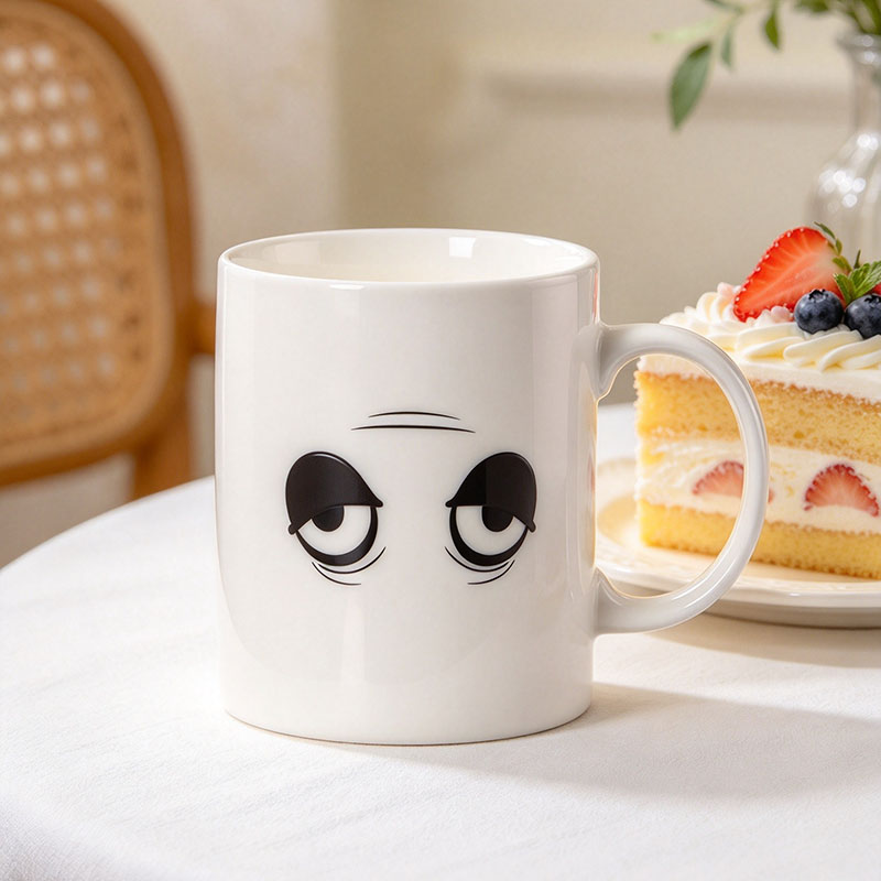 White winking eye mug cold state with cake - Form Feast