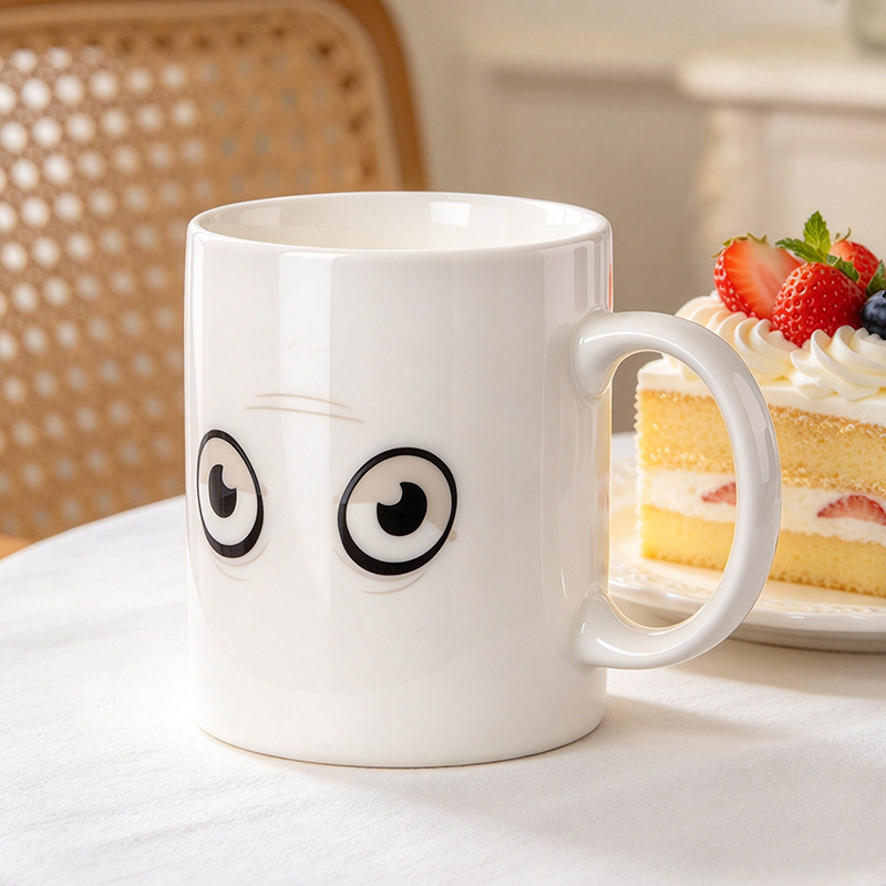White winking eye mug showing open eyes after hot water - Form Feast