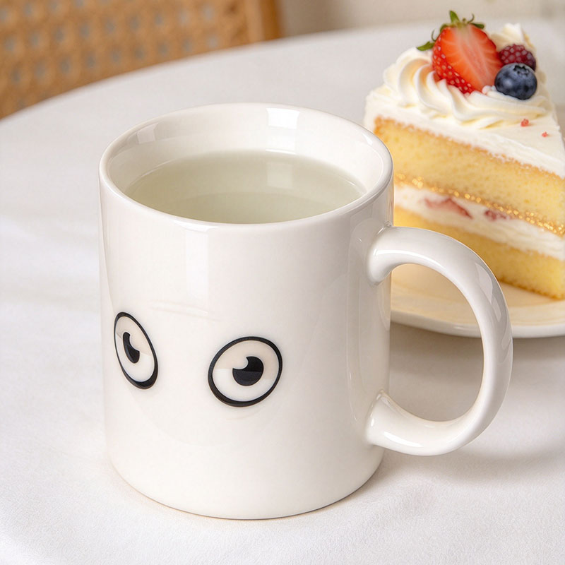 White winking eye mug with hot milk showing open eyes - Form Feast