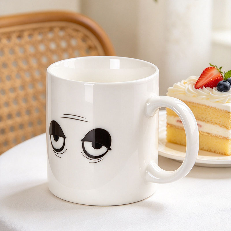 White winking eye mug with open eyes on table - Form Feast