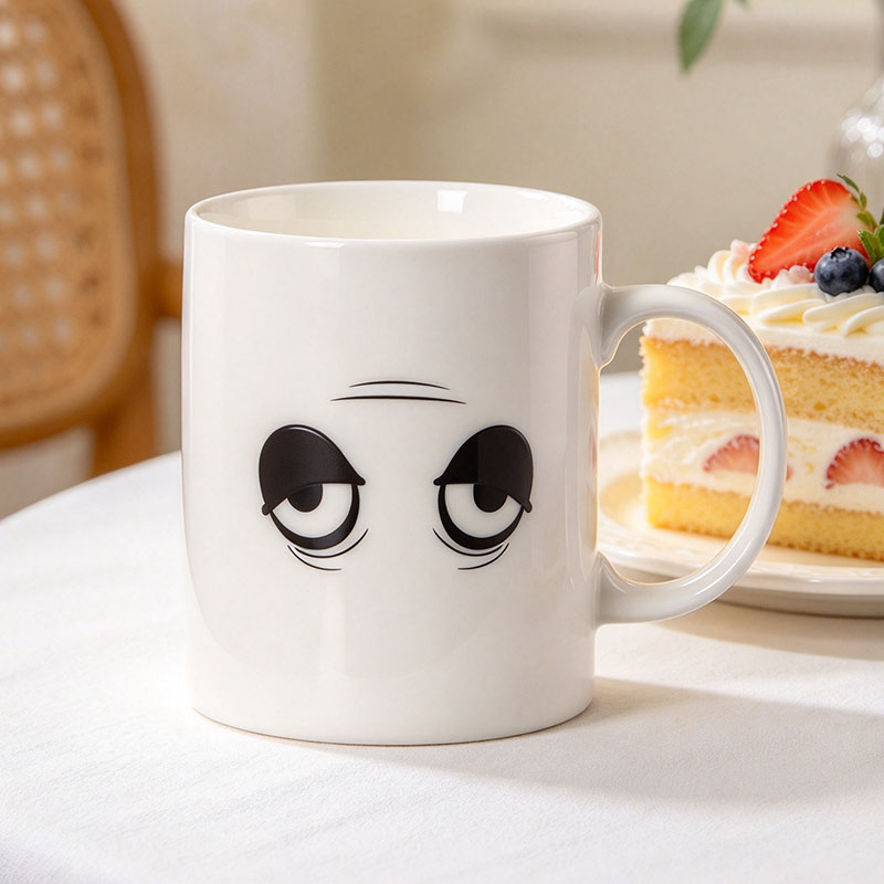 White winking eye mug with open eyes and cake - Form Feast