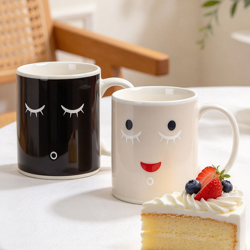 Two color changing mugs sleeping and awake faces - Form Feast