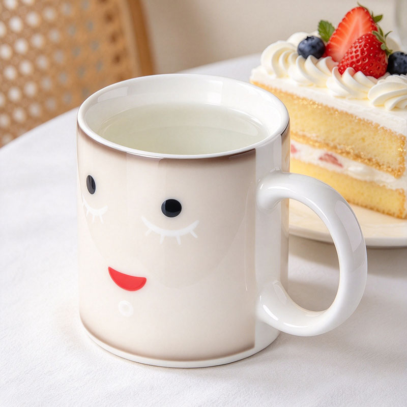 White awake face mug with milk on table - Form Feast