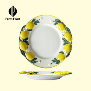 Hand-painted lemon ceramic plate with embossed design 22cm - Form Feast wholesale