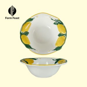 Hand-painted lemon ceramic bowl with embossed design 15cm - Form Feast wholesale