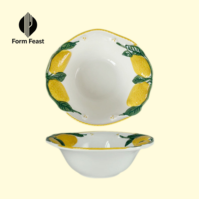 Hand-painted lemon ceramic bowl with embossed design 15cm - Form Feast wholesale