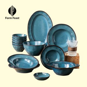 Blue kiln glazed ceramic dinnerware set with plates bowls and platters - Form Feast wholesale