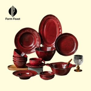 Red kiln glazed ceramic dinnerware set with plates bowls and platters - Form Feast wholesale