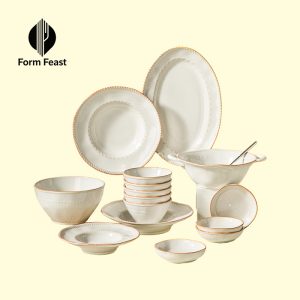 White ceramic dinnerware set with plates bowls and platters - Form Feast wholesale