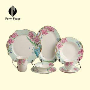 Green HC-37-GN hyacinth ceramic dinnerware set with plates bowls cup and saucer - Form Feast wholesale