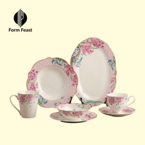 Pink HC-37-PK hyacinth ceramic dinnerware set with plates bowls cup and saucer - Form Feast wholesale