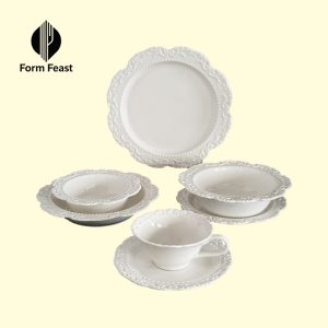 White HC-38-WT European embossed ceramic dinnerware set with plates bowls cup and saucer - Form Feast wholesale