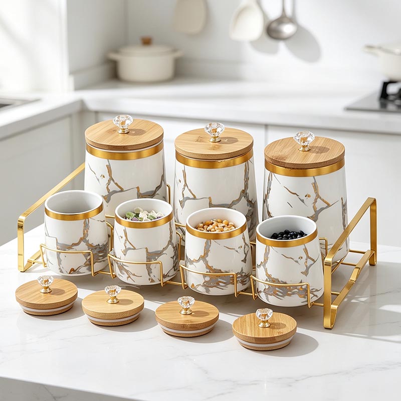 HD-5028L ceramic storage jar set with open lids in kitchen - Form Feast