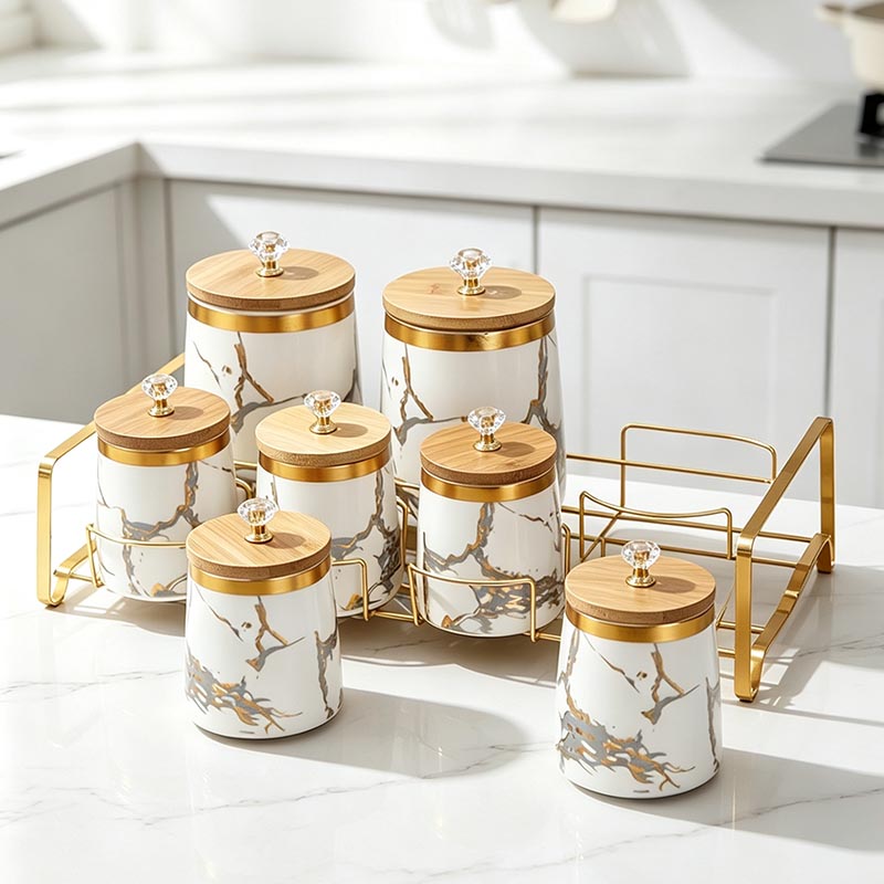 HD-5028L ceramic storage jar set on kitchen counter with white cabinets - Form Feast