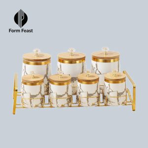 White HD-5028L 7-piece ceramic storage jar set with gold rack - Form Feast wholesale