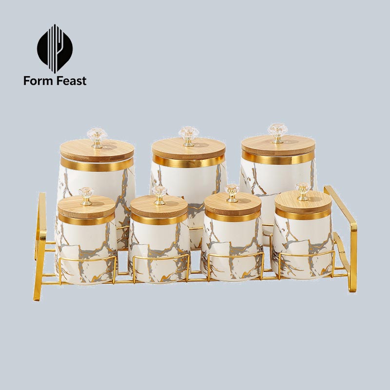 White HD-5028L 7-piece ceramic storage jar set with gold rack - Form Feast wholesale