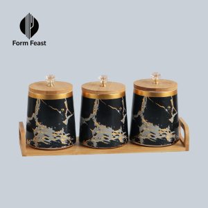 Black HD-5028S 3-piece ceramic marble storage jar set with bamboo tray - Form Feast wholesale