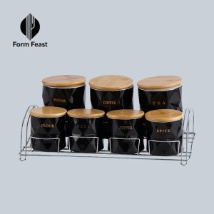 Black HD-5032L 7-piece ceramic geometric storage jar set with silver rack - Form Feast wholesale
