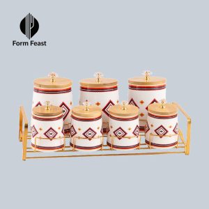 Red HD-5062L 7-piece ceramic storage jar set with geometric pattern and gold rack - Form Feast wholesale