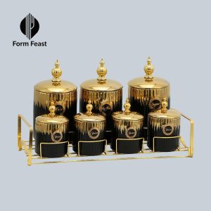 Black HD-5070L 7-piece ceramic storage jar set with gold electroplated stripes and gold rack - Form Feast wholesale