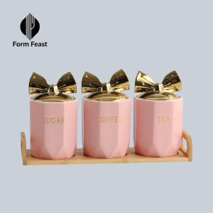 Pink HD-5084S 3-piece ceramic storage jar set with bow lid 650ml and bamboo tray - Form Feast wholesale
