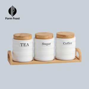 White HD-5093S 3-piece ceramic storage jar set with bamboo lid 800ml and bamboo tray - Form Feast wholesale