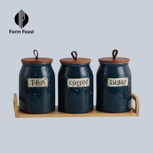 Blue HD-5100S 3-piece ceramic speckled storage jar set 750ml with bamboo tray - Form Feast wholesale