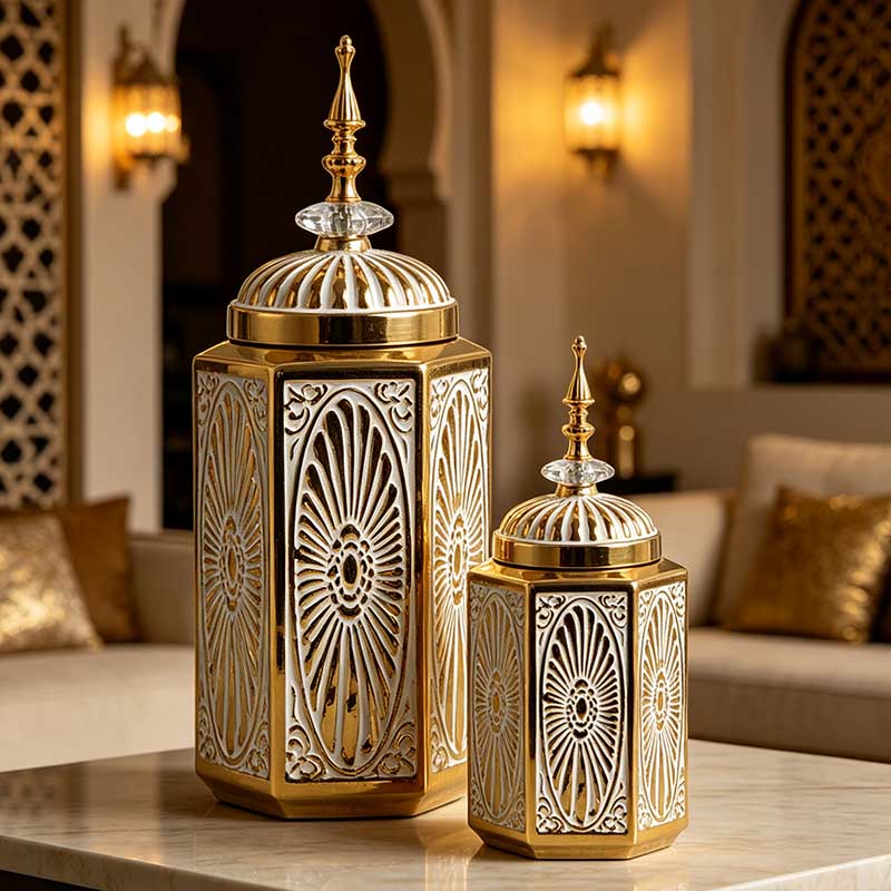 HG-8036 hexagonal ceramic decorative jars set on living room table - Form Feast