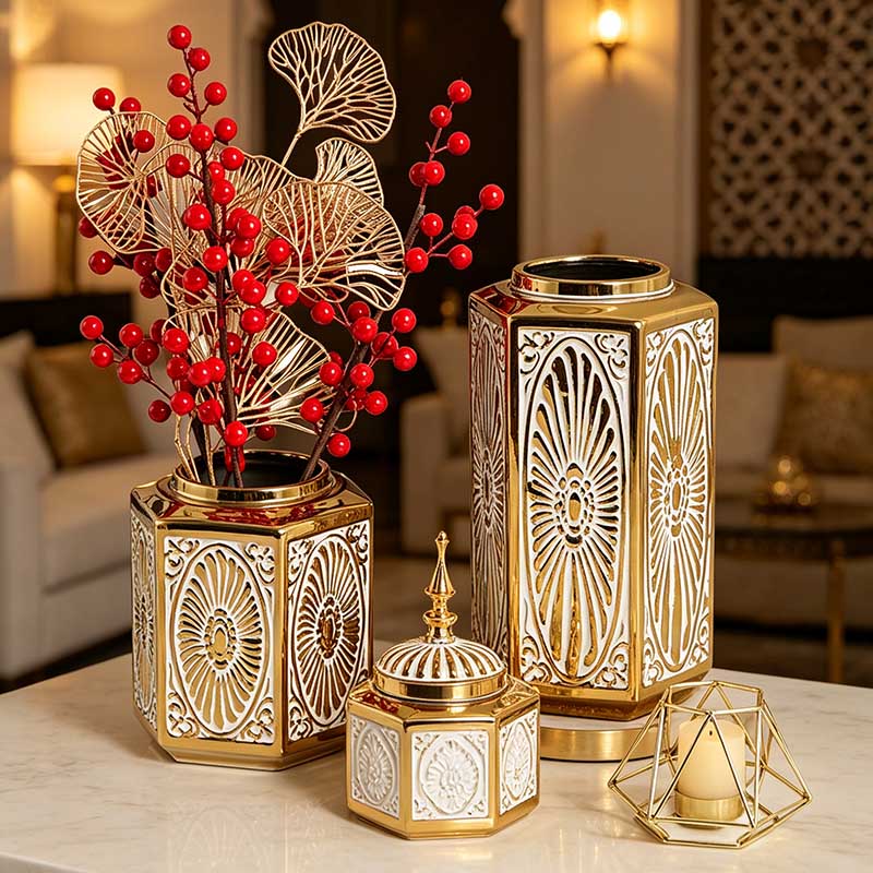 HG-8036 hexagonal ceramic decorative jar with red berries - Form Feast