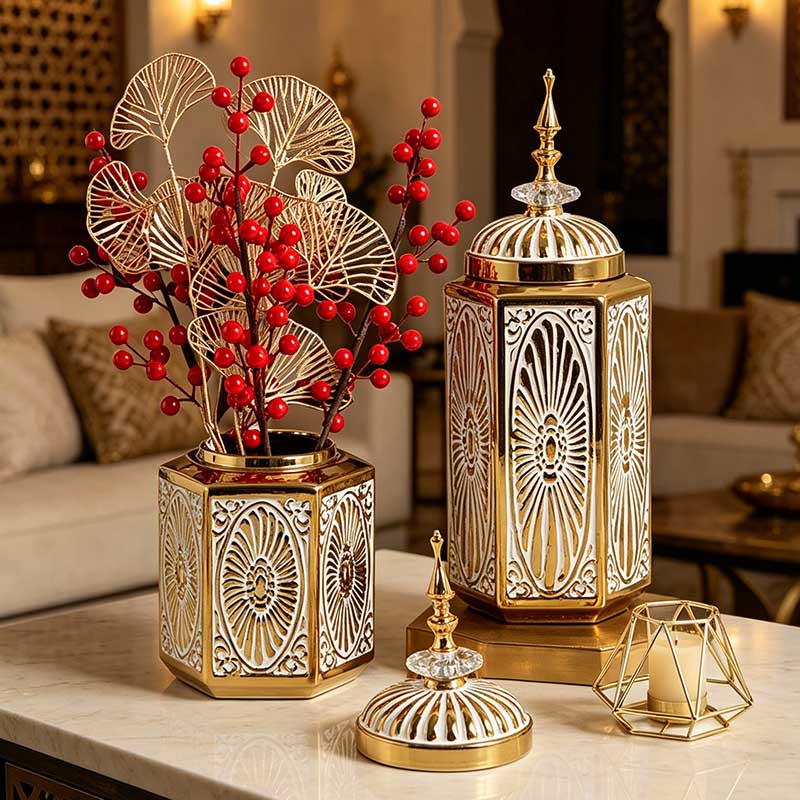 HG-8036 hexagonal ceramic decorative jars set with red berries - Form Feast