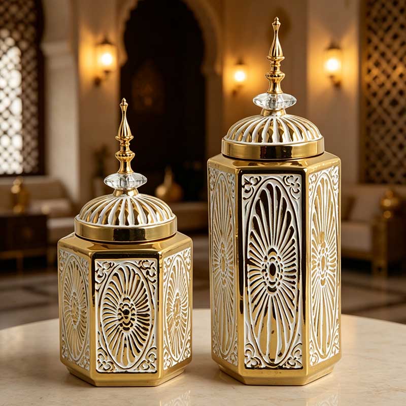 HG-8036 hexagonal ceramic decorative jars set on side table - Form Feast