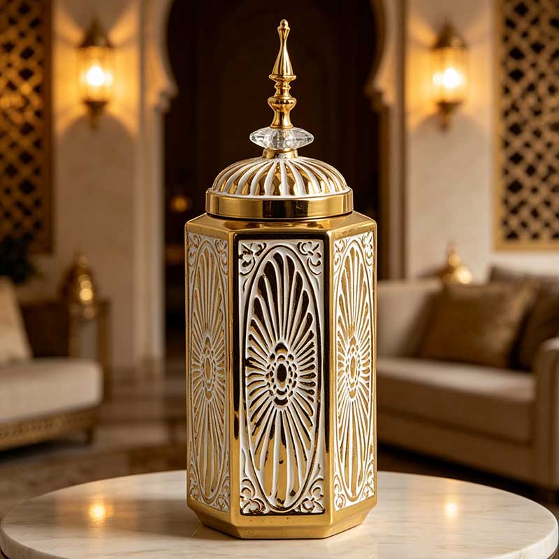 HG-8036 hexagonal ceramic decorative jar on marble table - Form Feast
