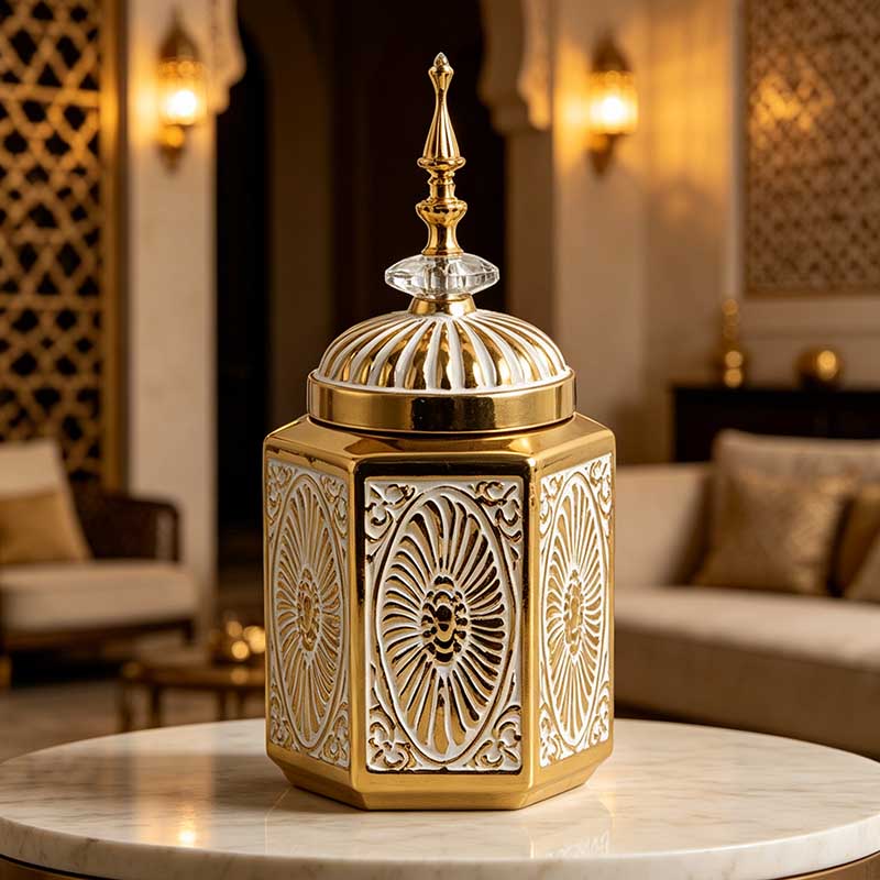 HG-8036 hexagonal ceramic decorative jar on table with gold accents - Form Feast