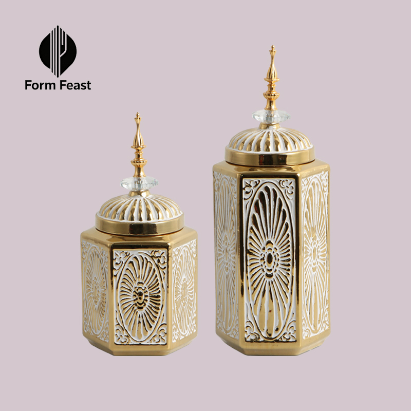 White and gold HG-8036 hexagonal ceramic decorative jar with lid - Form Feast wholesale